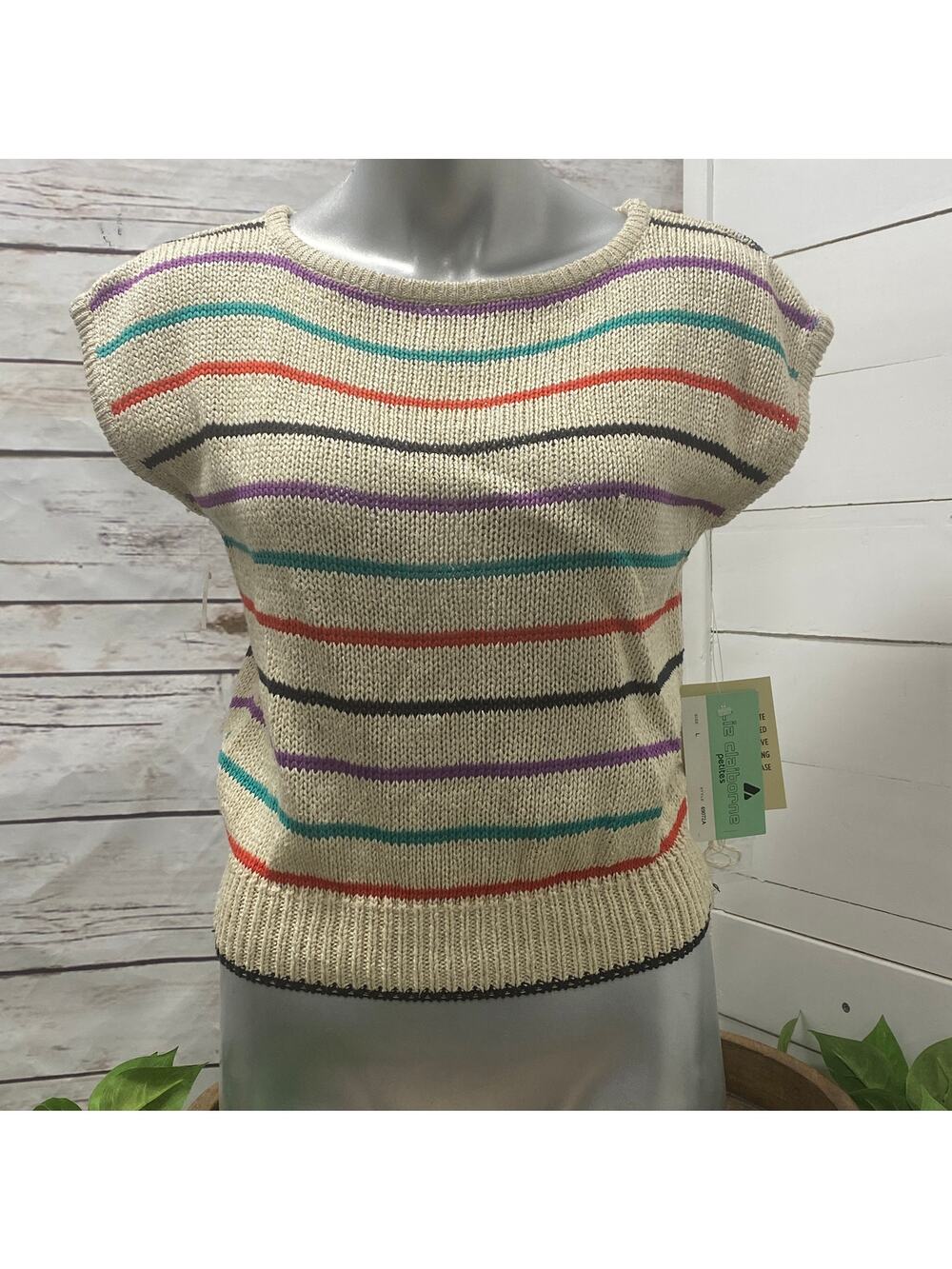 Liz Claiborne PETITE Large Knit Short Sleeve Sweater Silk Rayon Top Stripe NWT